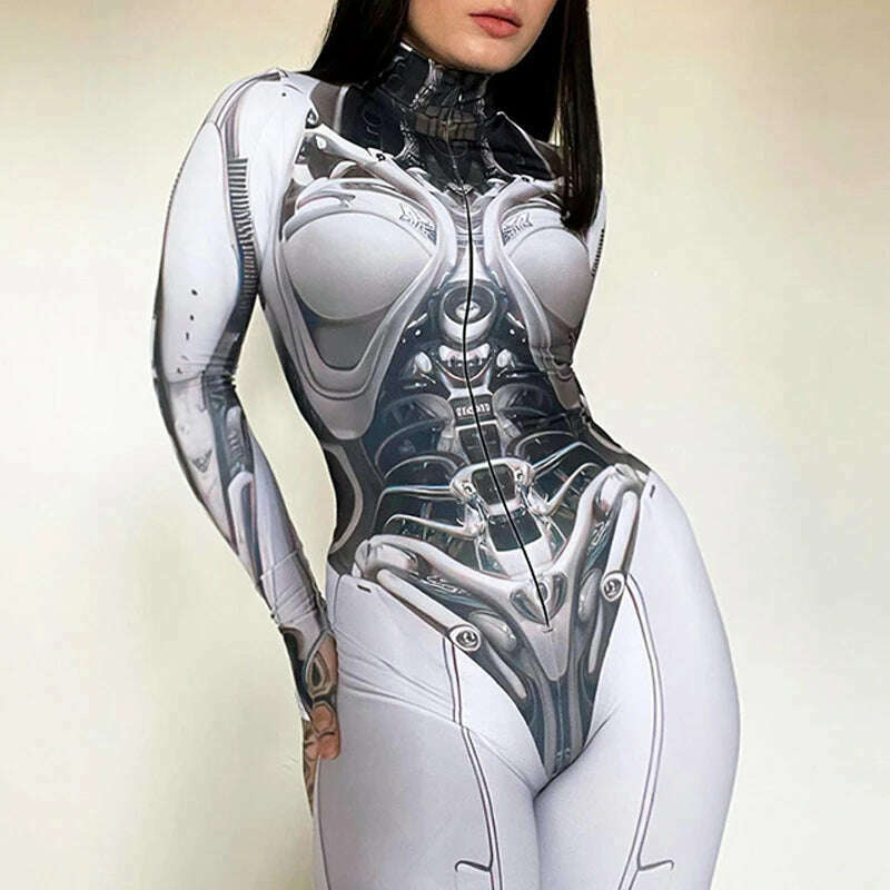 Goth Dark 3D Printed Cosplay Bodycon Jumpsuits Y2k Techwear Long Sleeve Gothic Punk Playsuits Anime Women Mock Neck Zip Bodysuit - KIMLUD