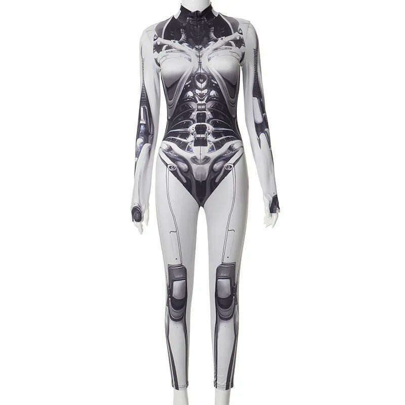 Goth Dark 3D Printed Cosplay Bodycon Jumpsuits Y2k Techwear Long Sleeve Gothic Punk Playsuits Anime Women Mock Neck Zip Bodysuit - KIMLUD