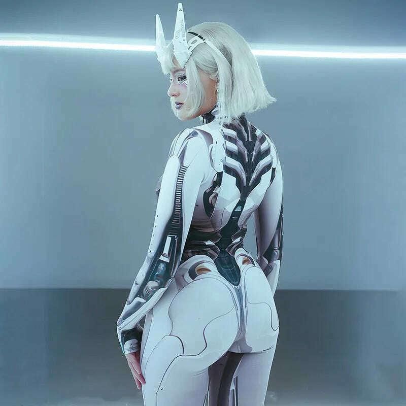 Goth Dark 3D Printed Cosplay Bodycon Jumpsuits Y2k Techwear Long Sleeve Gothic Punk Playsuits Anime Women Mock Neck Zip Bodysuit - KIMLUD