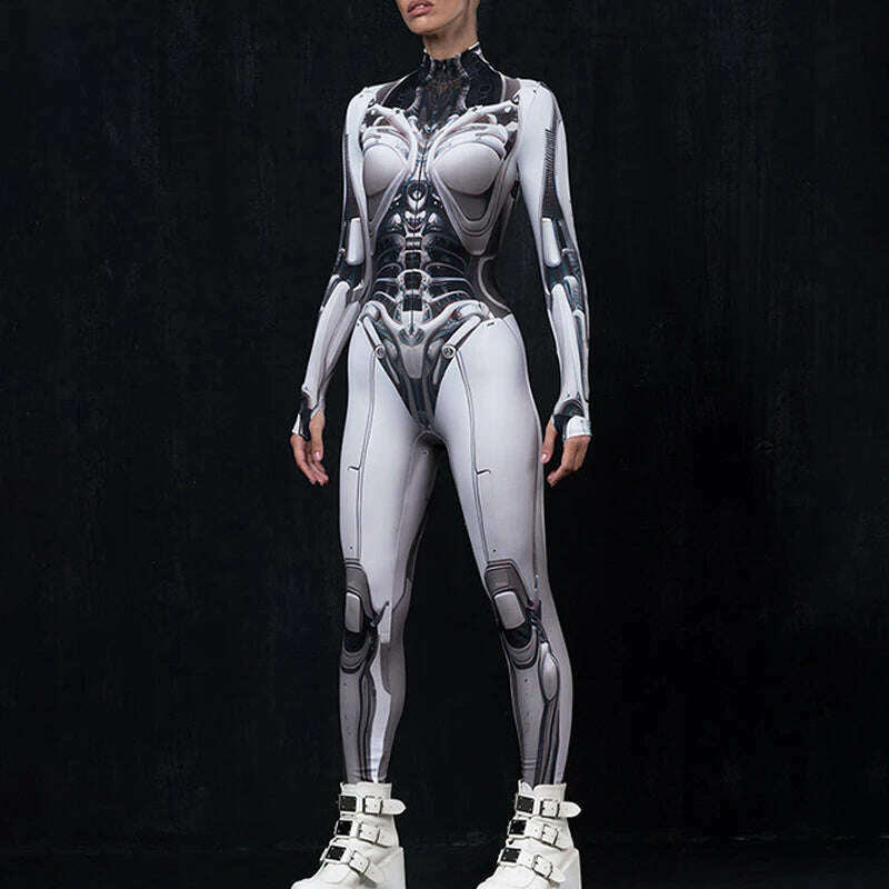 Goth Dark 3D Printed Cosplay Bodycon Jumpsuits Y2k Techwear Long Sleeve Gothic Punk Playsuits Anime Women Mock Neck Zip Bodysuit - KIMLUD