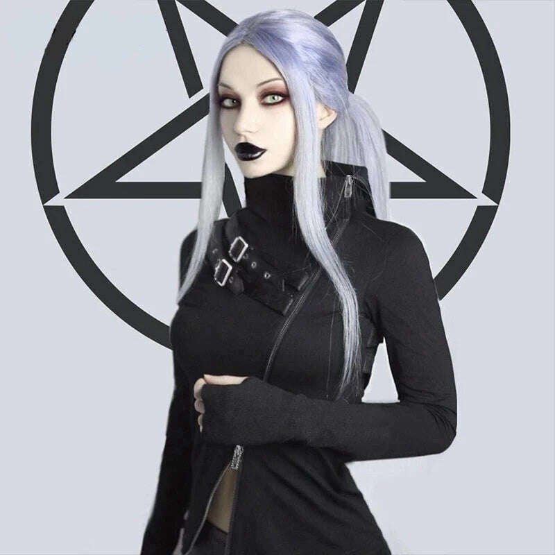 KIMLUD, Goth Dark Gothic Grunge Style T-shirts Punk Black Long Sleeve Turtleneck Tee Bodycon Zipper And Belt Front Patchwork Women Tops, black / S, KIMLUD APPAREL - Womens Clothes