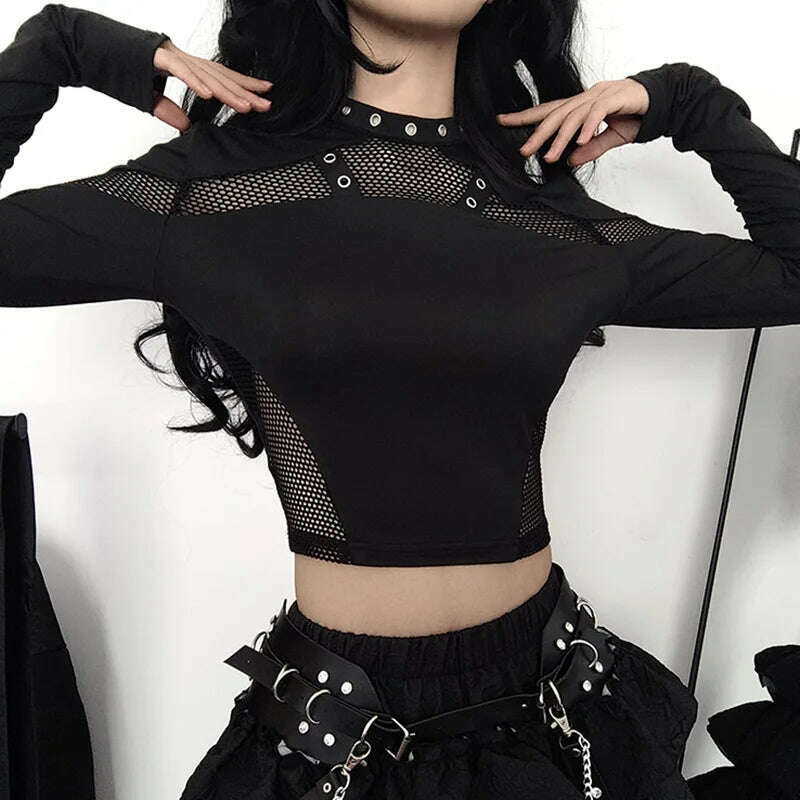 Goth Dark Techwear Cyber Gothic Fishnet Patches T-shirts Punk Grunge Hollow Out Skinny Crop Tops Black Eyelet Fashion Alt Clothe, KIMLUD Women's Clothes