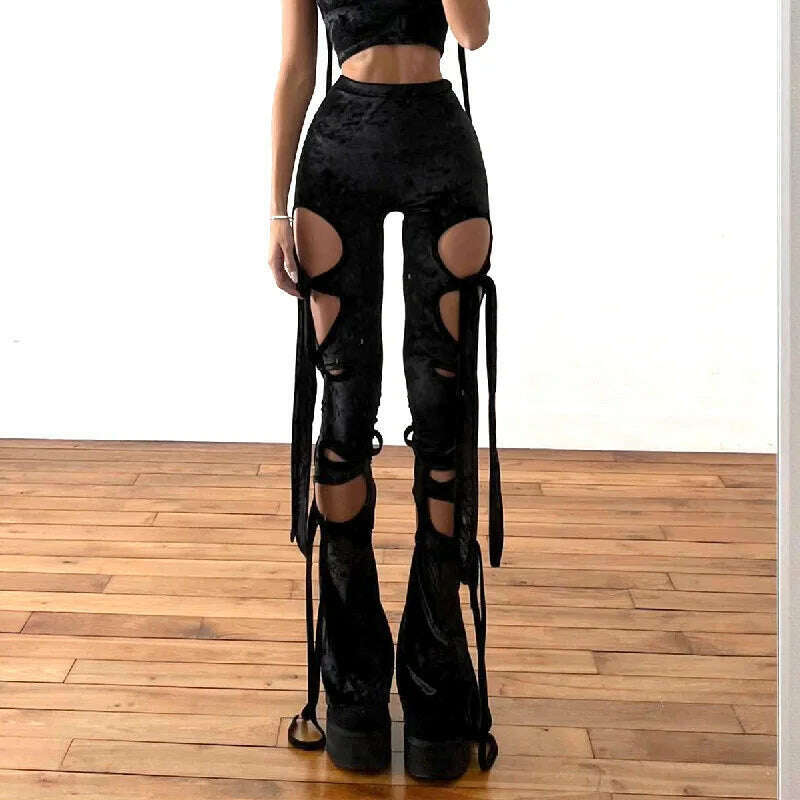 KIMLUD, Goth Dark Velvet Hollow Out Mall Gothic Pencil Pants Grunge Aesthetic Punk Sexy High Waist Trousers Y2k Bandage Women Alt Bottom, KIMLUD Womens Clothes