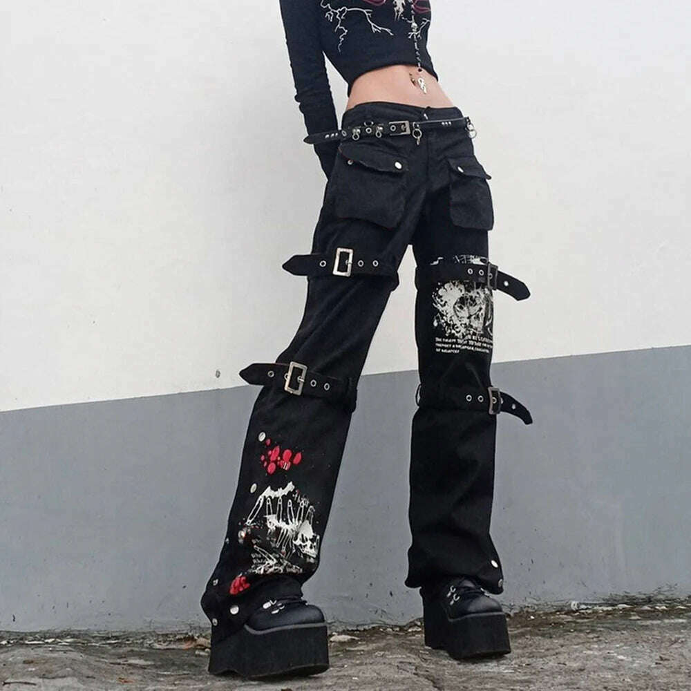 KIMLUD, Gothic Bandage Women Baggy Jeans Punk Style Egirl Black Denim Trousers Y2K Dark Academia Hight Waist Streetwear Pants, new2 no belt / S, KIMLUD Womens Clothes