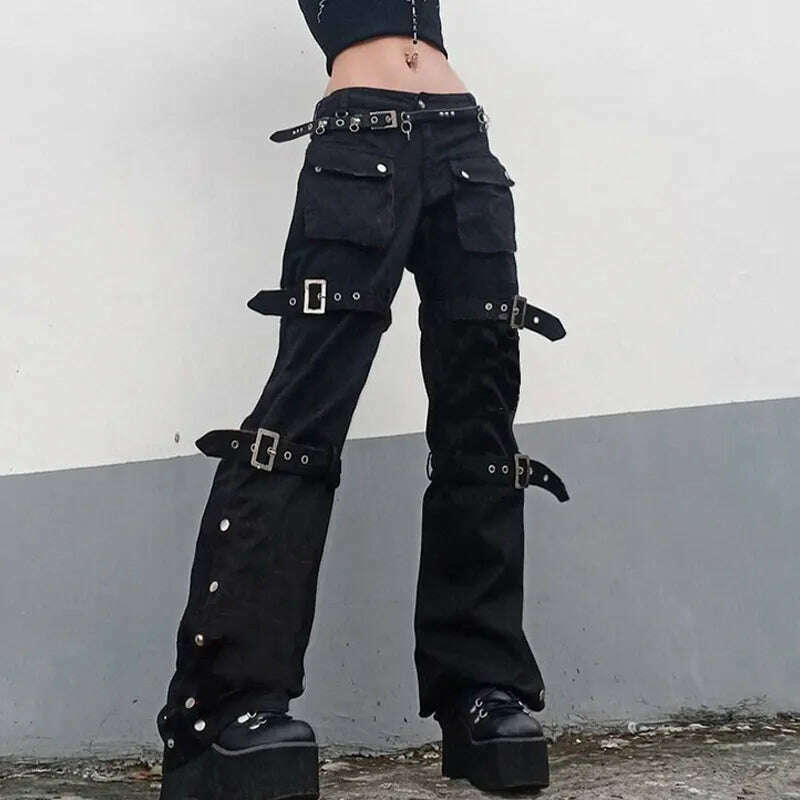 KIMLUD, Gothic Bandage Women Baggy Jeans Punk Style Egirl Black Denim Trousers Y2K Dark Academia Hight Waist Streetwear Pants, new3 no belt / S, KIMLUD Women's Clothes