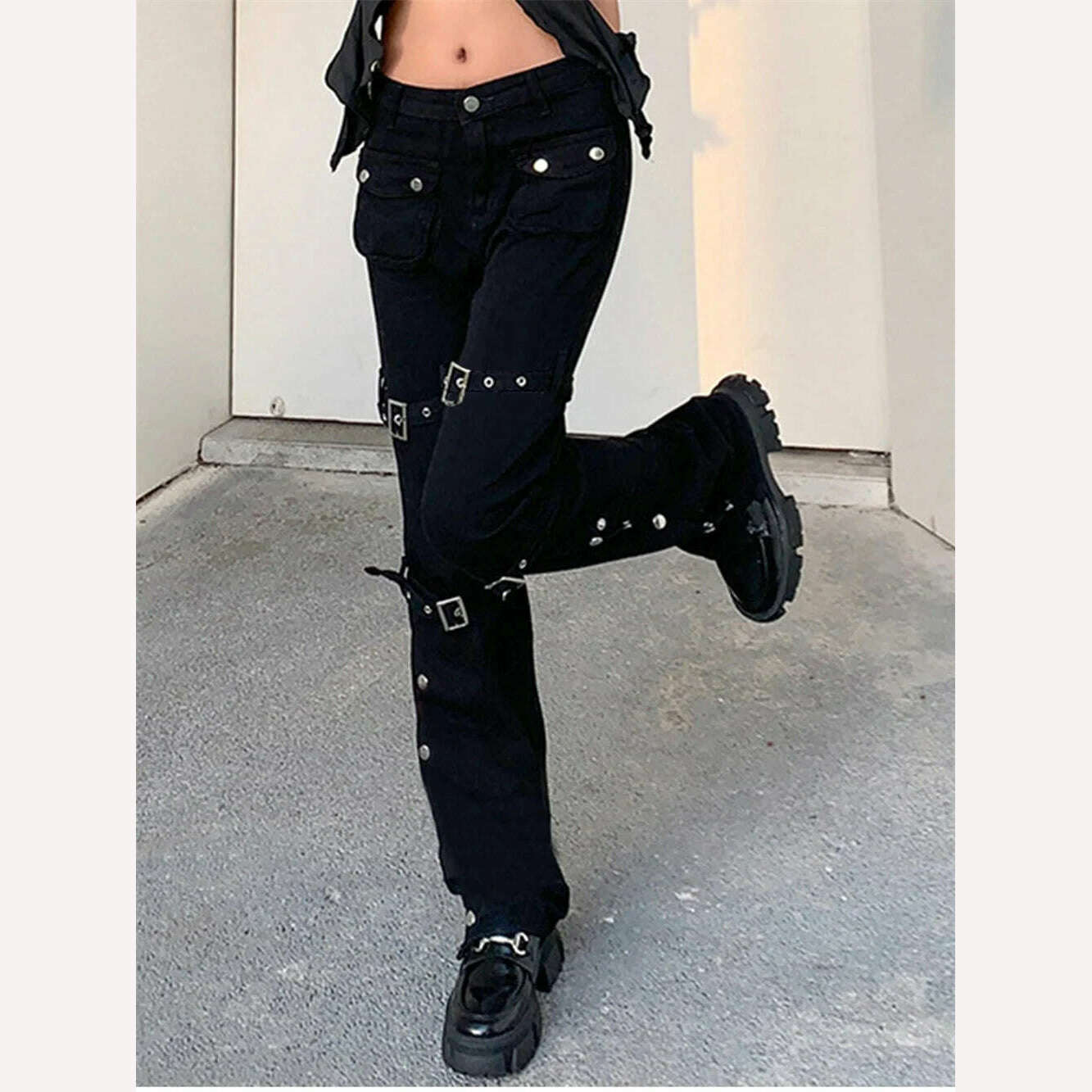 KIMLUD, Gothic Bandage Women Baggy Jeans Punk Style Egirl Black Denim Trousers Y2K Dark Academia Hight Waist Streetwear Pants, KIMLUD Womens Clothes