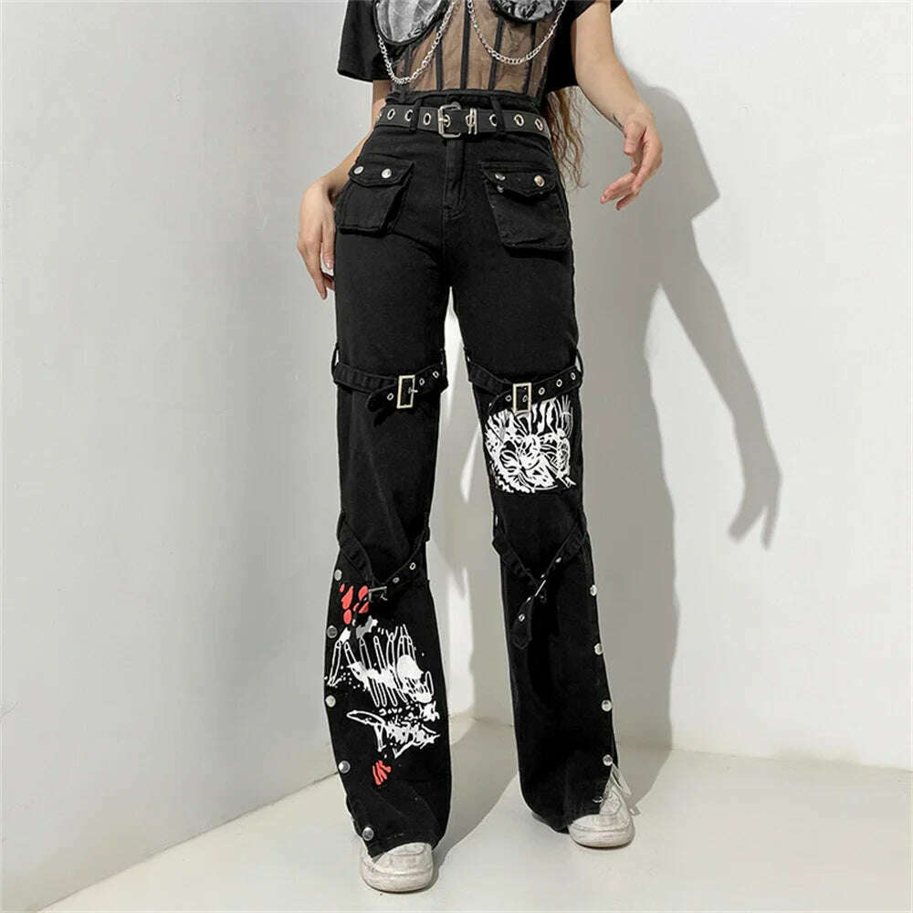 KIMLUD, Gothic Bandage Women Baggy Jeans Punk Style Egirl Black Denim Trousers Y2K Dark Academia Hight Waist Streetwear Pants, KIMLUD Womens Clothes