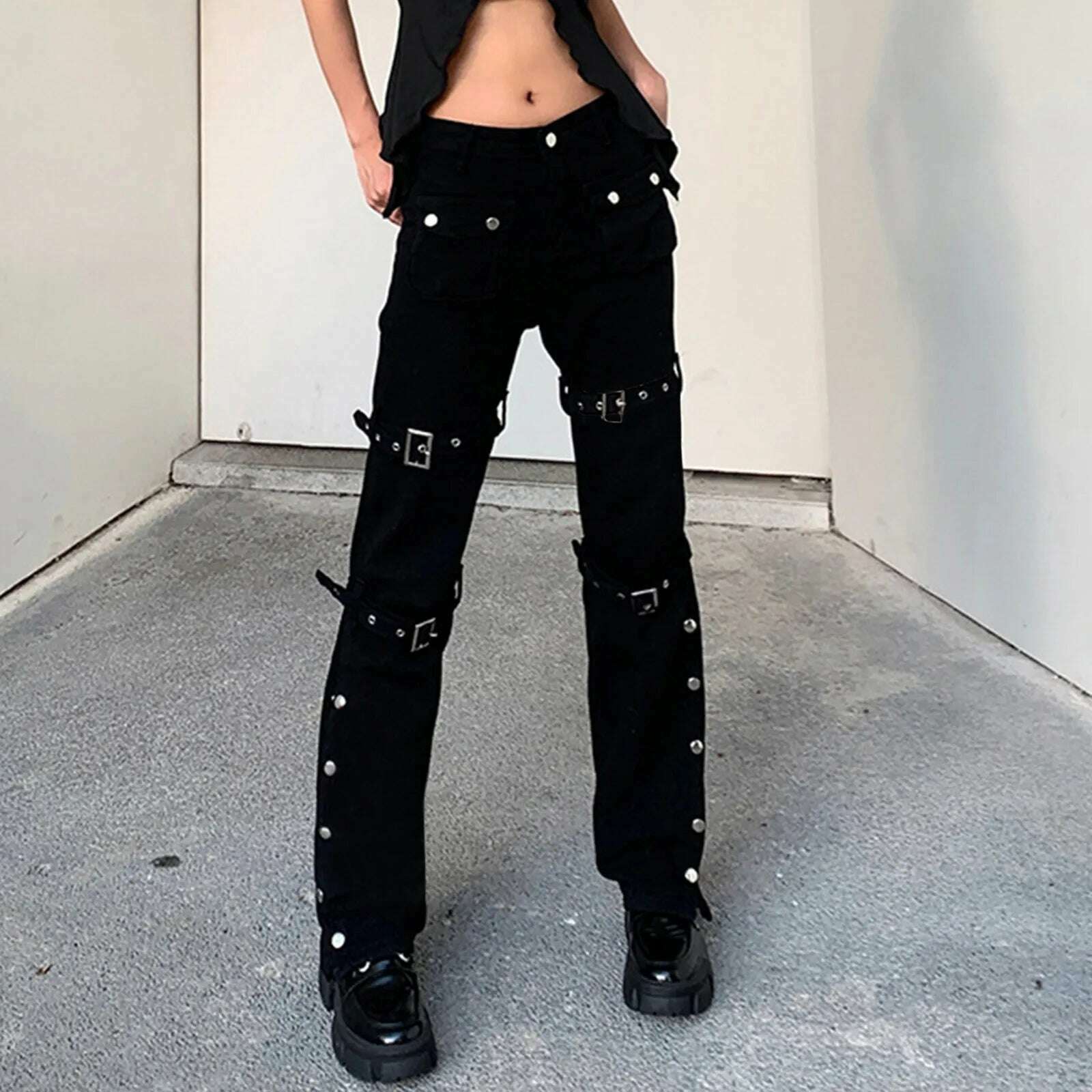 KIMLUD, Gothic Bandage Women Baggy Jeans Punk Style Egirl Black Denim Trousers Y2K Dark Academia Hight Waist Streetwear Pants, KIMLUD Women's Clothes