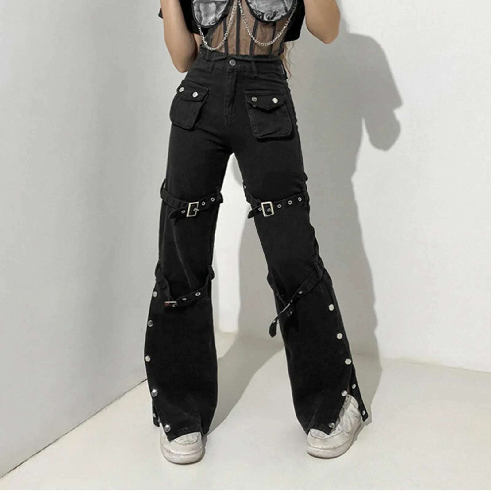 KIMLUD, Gothic Bandage Women Baggy Jeans Punk Style Egirl Black Denim Trousers Y2K Dark Academia Hight Waist Streetwear Pants, KIMLUD Womens Clothes