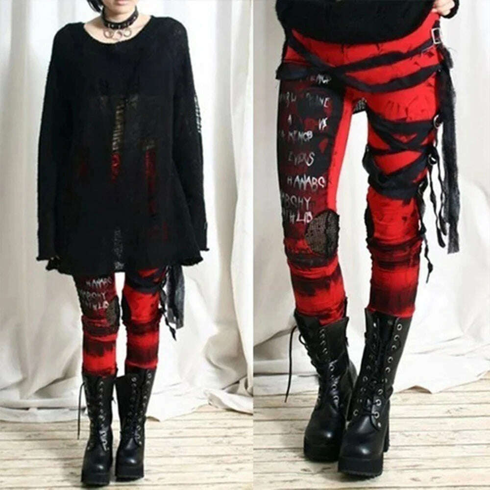 Gothic Mesh Tie Leggings For Woman Clothing 2023 Autumn Streetwear Girls Black Long Pants for Female Bodycon Trousers - KIMLUD