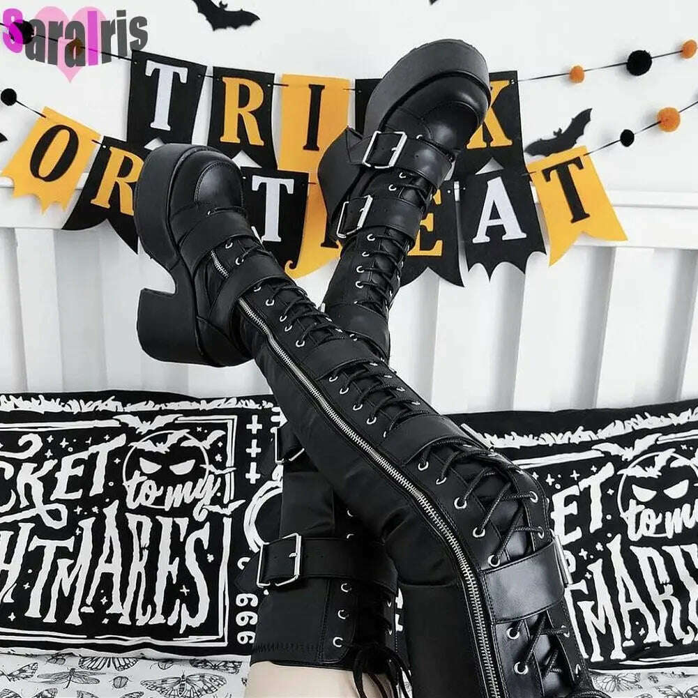 KIMLUD, Gothic Punk Women Thigh Boots Platform Chunky High Heels Cosplay Black Street Shoes For Woman Y2K Motorcycle Over The Knee Boots, KIMLUD Womens Clothes