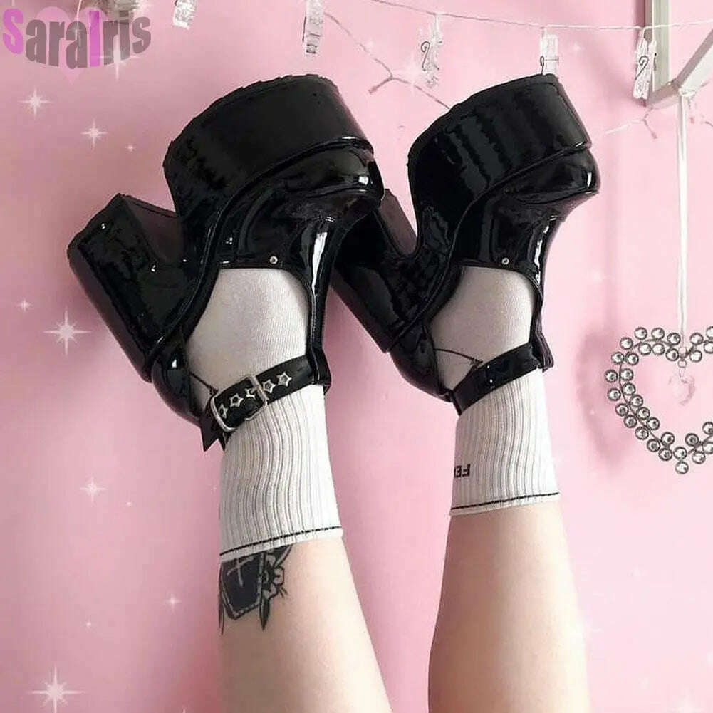 KIMLUD, Gothic Punk Women Thigh Boots Platform Chunky High Heels Cosplay Black Street Shoes For Woman Y2K Motorcycle Over The Knee Boots, black patent 4 / 5, KIMLUD APPAREL - Womens Clothes
