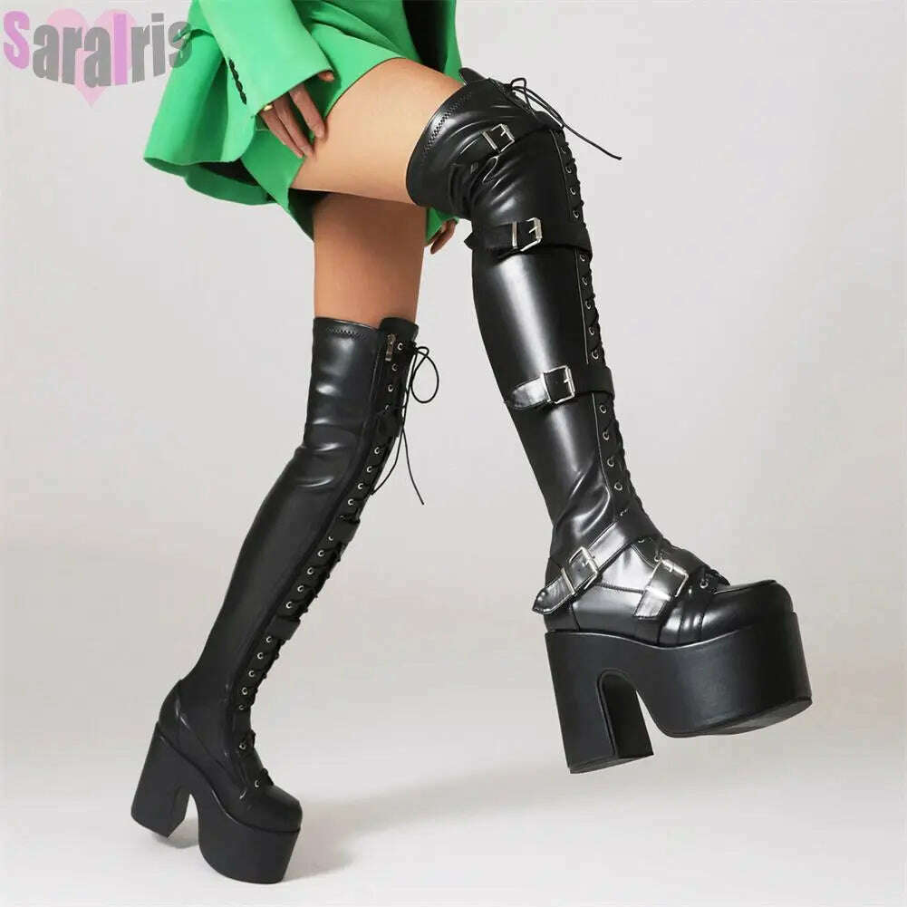 KIMLUD, Gothic Punk Women Thigh Boots Platform Chunky High Heels Cosplay Black Street Shoes For Woman Y2K Motorcycle Over The Knee Boots, black 1 / 5, KIMLUD APPAREL - Womens Clothes