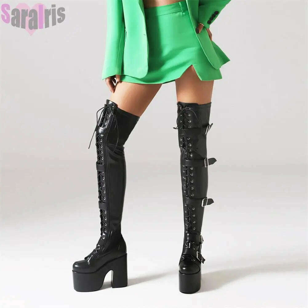 KIMLUD, Gothic Punk Women Thigh Boots Platform Chunky High Heels Cosplay Black Street Shoes For Woman Y2K Motorcycle Over The Knee Boots, KIMLUD Womens Clothes