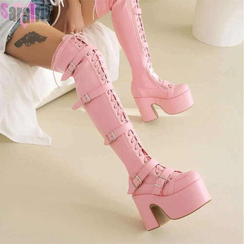 KIMLUD, Gothic Punk Women Thigh Boots Platform Chunky High Heels Cosplay Black Street Shoes For Woman Y2K Motorcycle Over The Knee Boots, KIMLUD Womens Clothes