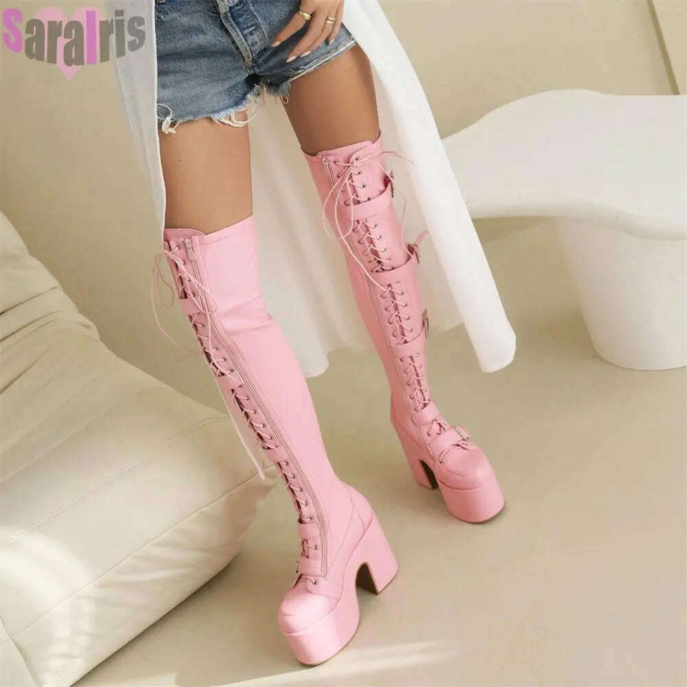 KIMLUD, Gothic Punk Women Thigh Boots Platform Chunky High Heels Cosplay Black Street Shoes For Woman Y2K Motorcycle Over The Knee Boots, KIMLUD Womens Clothes