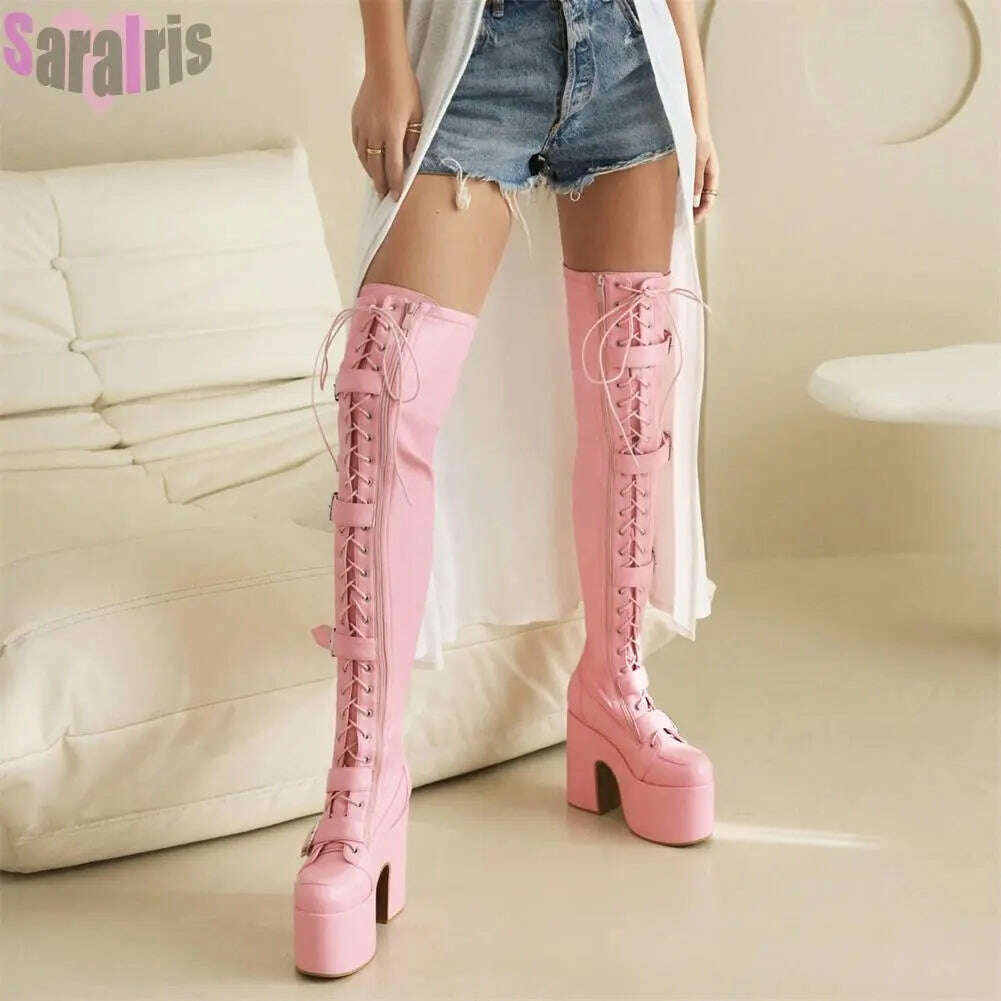 KIMLUD, Gothic Punk Women Thigh Boots Platform Chunky High Heels Cosplay Black Street Shoes For Woman Y2K Motorcycle Over The Knee Boots, KIMLUD Womens Clothes