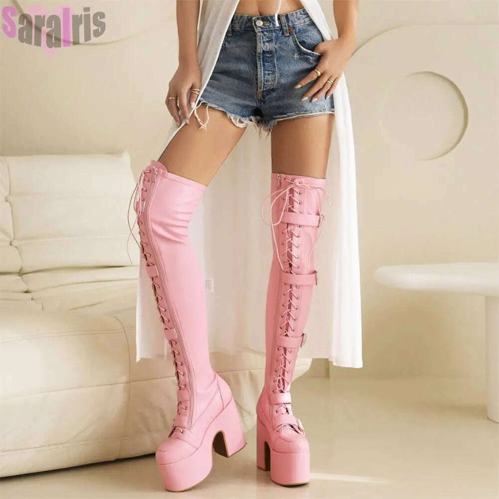 KIMLUD, Gothic Punk Women Thigh Boots Platform Chunky High Heels Cosplay Black Street Shoes For Woman Y2K Motorcycle Over The Knee Boots, KIMLUD Womens Clothes