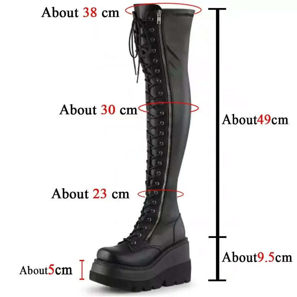 KIMLUD, Gothic Thigh High Boots Women Platform Wedges Motorcycle Boot Over The Knee Army Stripper Heels Punk Lace-up Belt Buckle Long, Black / 35, KIMLUD Women's Clothes