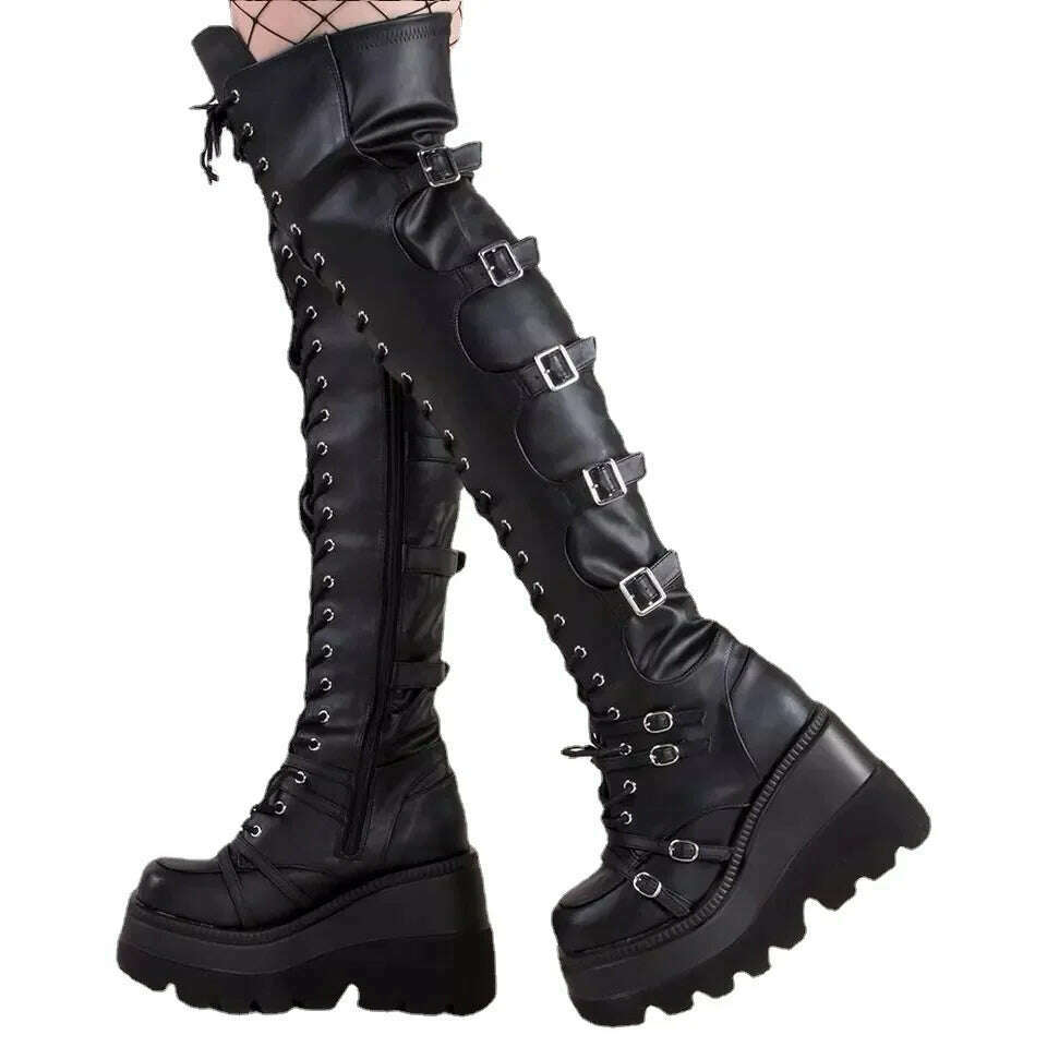 KIMLUD, Gothic Thigh High Boots Women Platform Wedges Motorcycle Boot Over The Knee Army Stripper Heels Punk Lace-up Belt Buckle Long, KIMLUD Women's Clothes