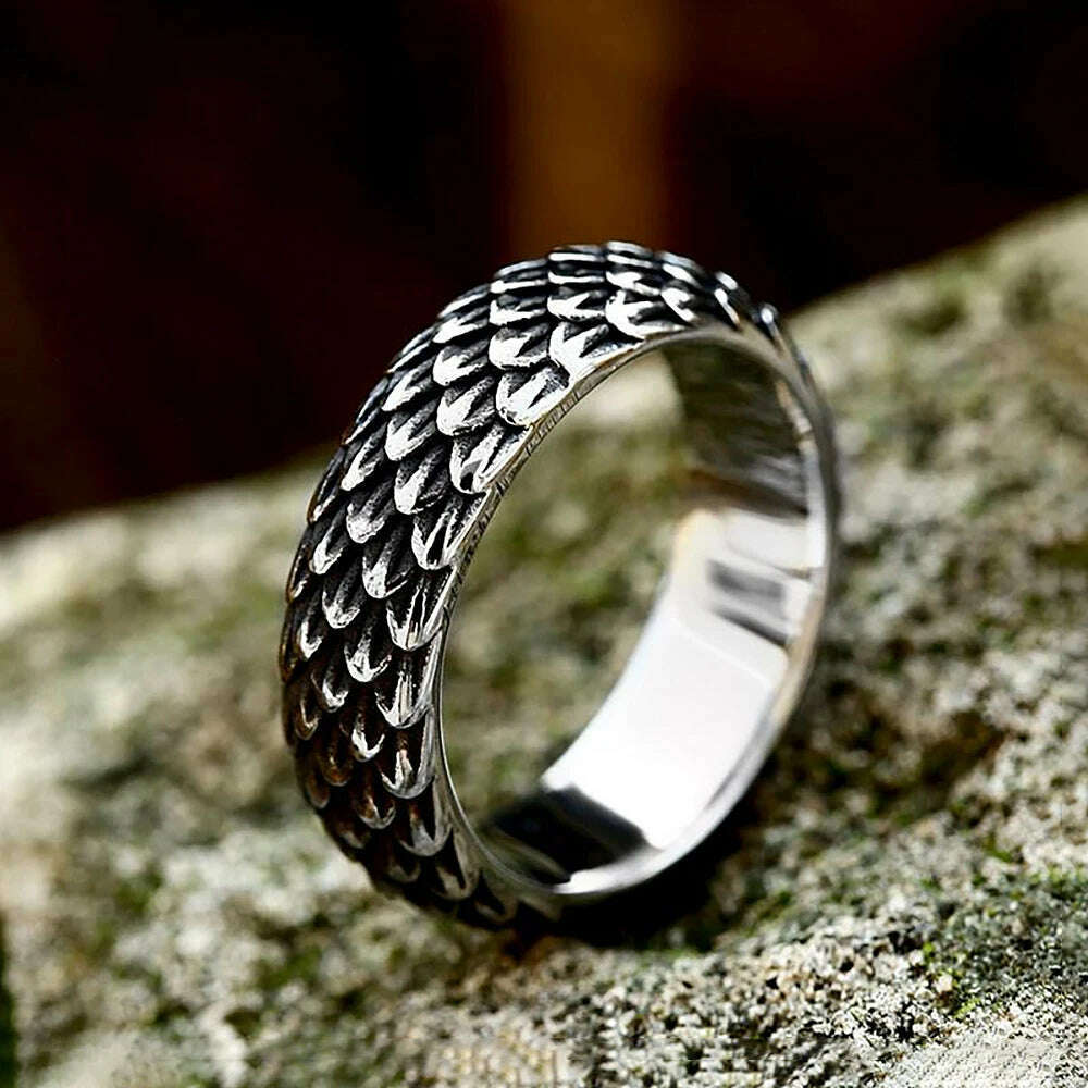 KIMLUD, Gothic Vintage Norse Viking Dragon Scales Rings For Men Women Fashion Simple Stainless Steel Amulet Jewelry Gifts Dropshipping, KIMLUD Womens Clothes