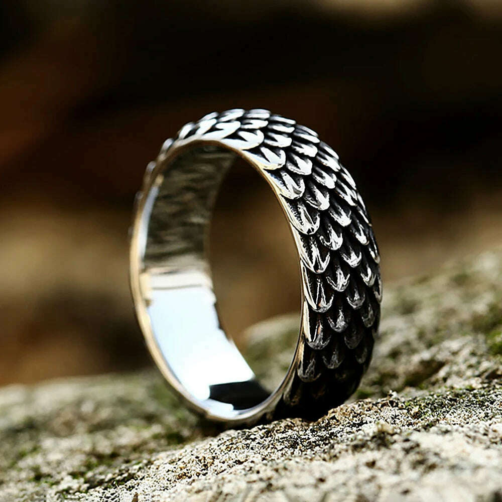 KIMLUD, Gothic Vintage Norse Viking Dragon Scales Rings For Men Women Fashion Simple Stainless Steel Amulet Jewelry Gifts Dropshipping, KIMLUD Womens Clothes