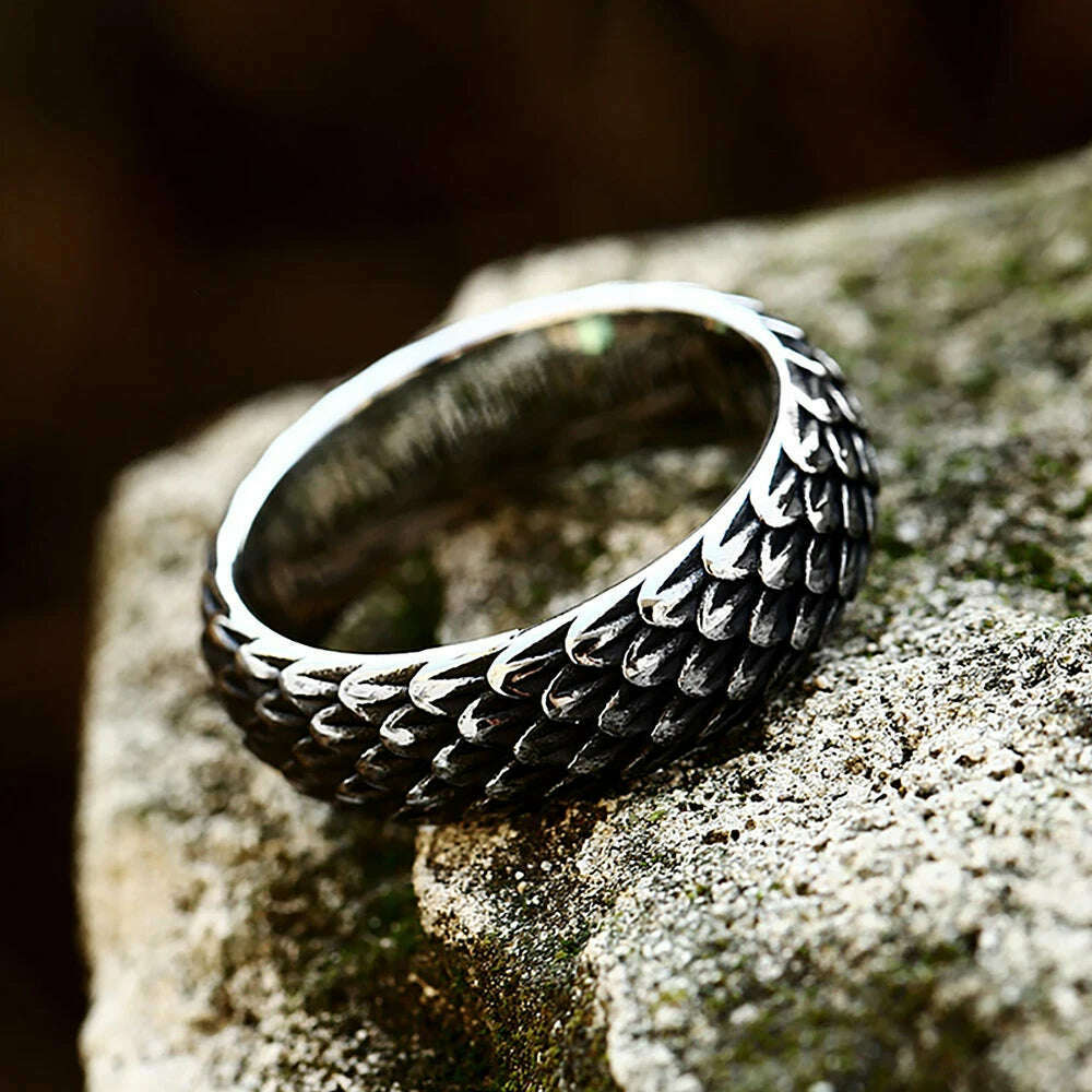 KIMLUD, Gothic Vintage Norse Viking Dragon Scales Rings For Men Women Fashion Simple Stainless Steel Amulet Jewelry Gifts Dropshipping, KIMLUD Womens Clothes