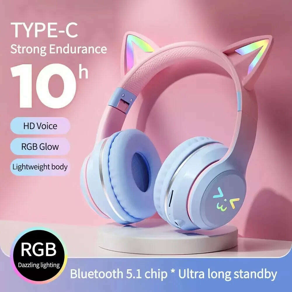 KIMLUD, Gradient wireless Headphones RGB cute cat ear Bluetooth Earphones with microphone Stereo Music Game Earphone Girls Kids Gifts, KIMLUD Womens Clothes