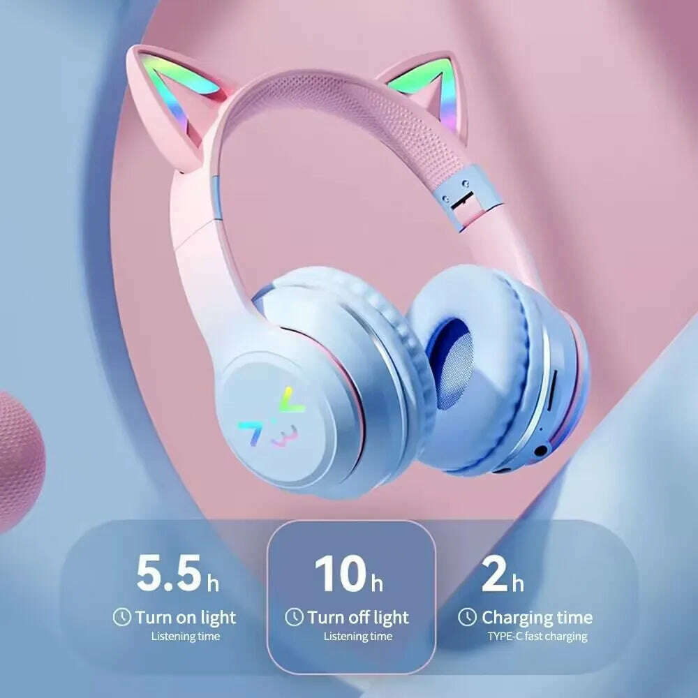 KIMLUD, Gradient wireless Headphones RGB cute cat ear Bluetooth Earphones with microphone Stereo Music Game Earphone Girls Kids Gifts, KIMLUD Womens Clothes