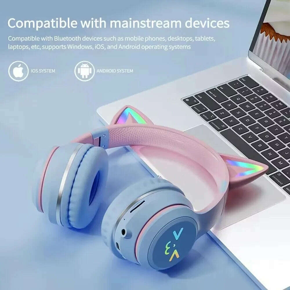 KIMLUD, Gradient wireless Headphones RGB cute cat ear Bluetooth Earphones with microphone Stereo Music Game Earphone Girls Kids Gifts, KIMLUD Womens Clothes