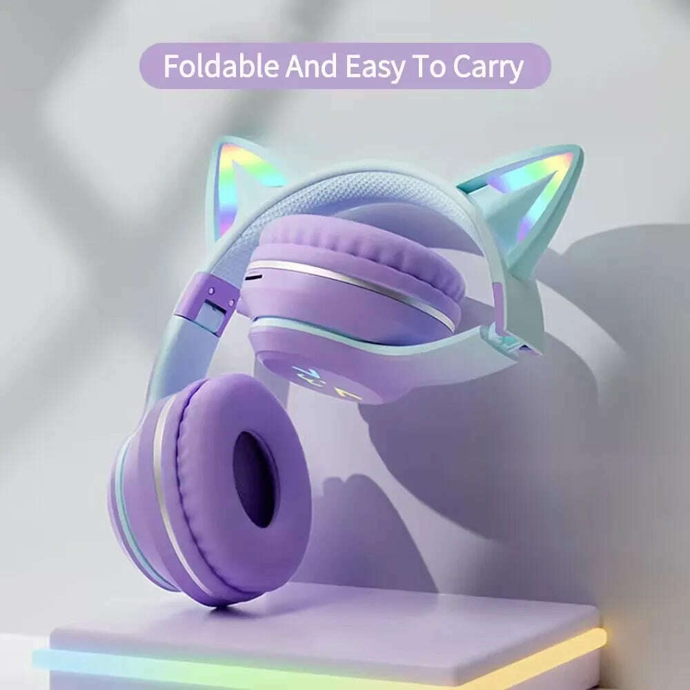 KIMLUD, Gradient wireless Headphones RGB cute cat ear Bluetooth Earphones with microphone Stereo Music Game Earphone Girls Kids Gifts, KIMLUD Womens Clothes