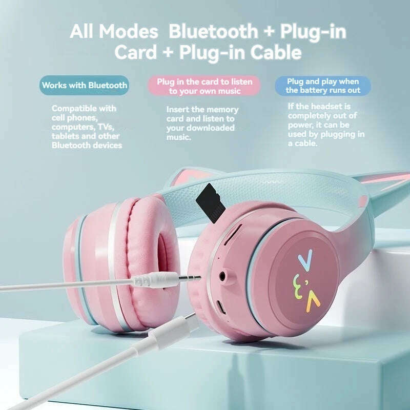 KIMLUD, Gradient wireless Headphones RGB cute cat ear Bluetooth Earphones with microphone Stereo Music Game Earphone Girls Kids Gifts, KIMLUD Womens Clothes
