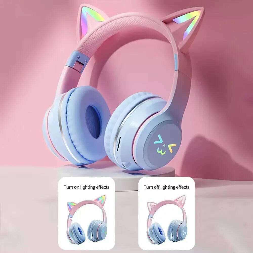 KIMLUD, Gradient wireless Headphones RGB cute cat ear Bluetooth Earphones with microphone Stereo Music Game Earphone Girls Kids Gifts, KIMLUD Womens Clothes