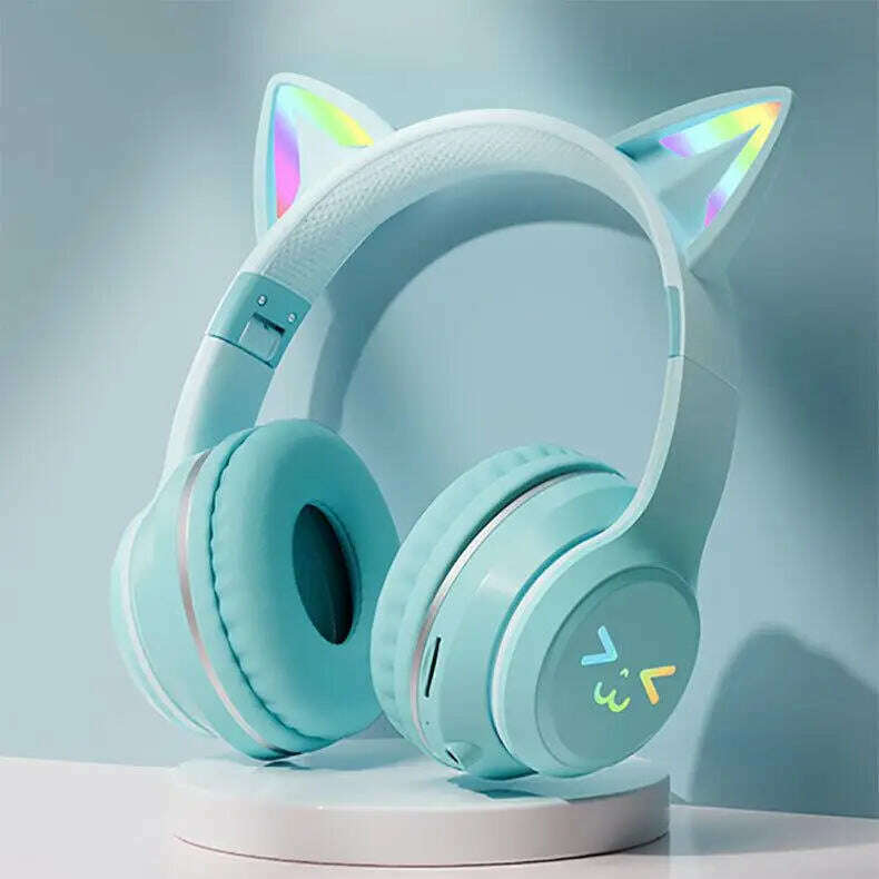 KIMLUD, Gradient wireless Headphones RGB cute cat ear Bluetooth Earphones with microphone Stereo Music Game Earphone Girls Kids Gifts, green, KIMLUD APPAREL - Womens Clothes