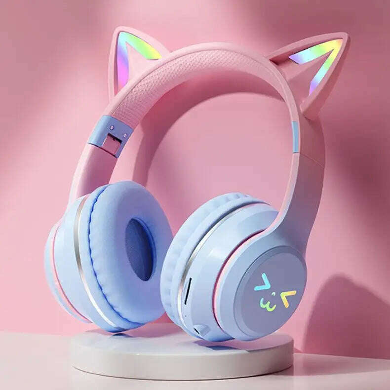 KIMLUD, Gradient wireless Headphones RGB cute cat ear Bluetooth Earphones with microphone Stereo Music Game Earphone Girls Kids Gifts, Blue, KIMLUD APPAREL - Womens Clothes