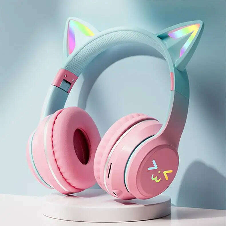 KIMLUD, Gradient wireless Headphones RGB cute cat ear Bluetooth Earphones with microphone Stereo Music Game Earphone Girls Kids Gifts, Pink, KIMLUD APPAREL - Womens Clothes