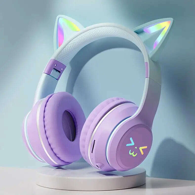 KIMLUD, Gradient wireless Headphones RGB cute cat ear Bluetooth Earphones with microphone Stereo Music Game Earphone Girls Kids Gifts, PURPLE, KIMLUD APPAREL - Womens Clothes