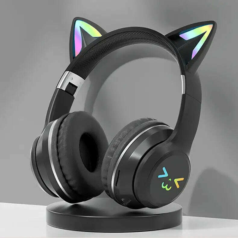 KIMLUD, Gradient wireless Headphones RGB cute cat ear Bluetooth Earphones with microphone Stereo Music Game Earphone Girls Kids Gifts, black, KIMLUD APPAREL - Womens Clothes