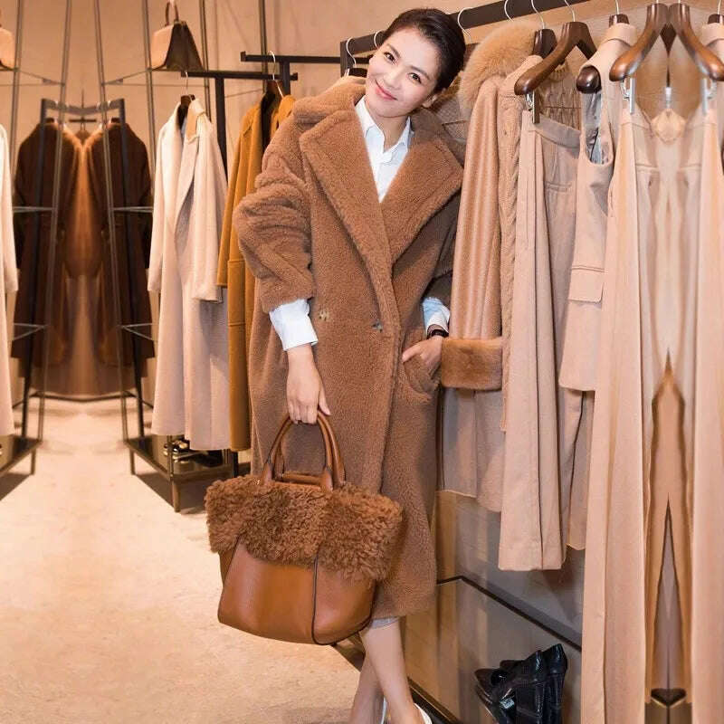 KIMLUD, Grain Sheep Camel Fur Coat Women'S Autumn Thickened Lamb Fleece Lapel Double Breasted Mid Length Coat, KIMLUD Womens Clothes