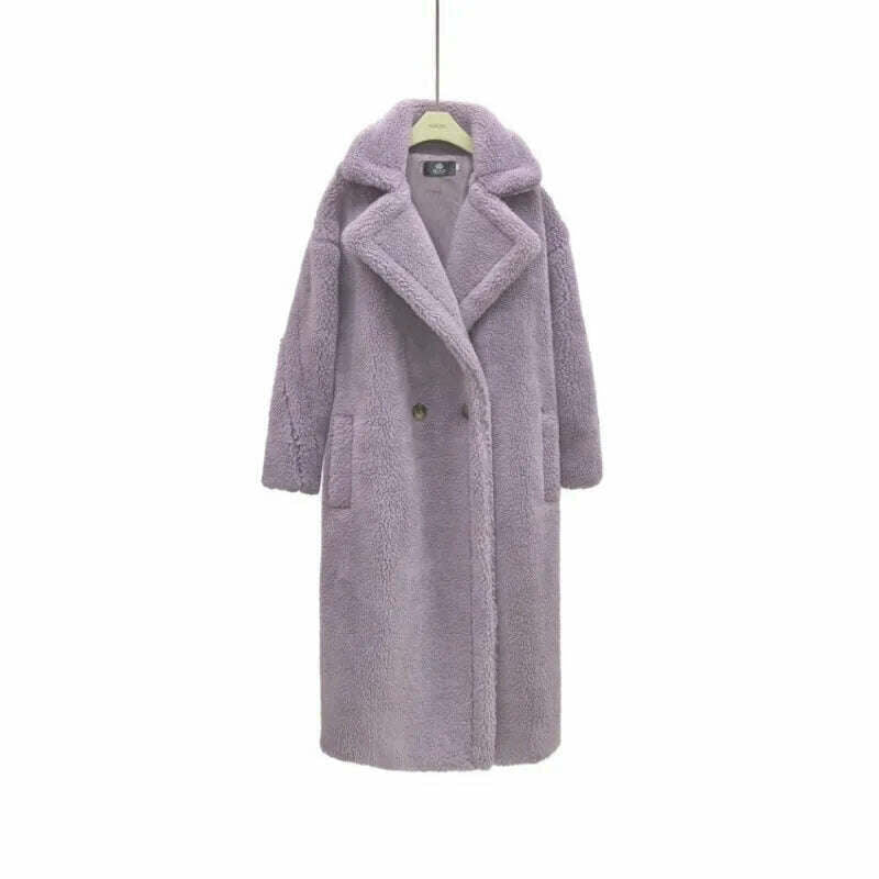 KIMLUD, Grain Sheep Camel Fur Coat Women'S Autumn Thickened Lamb Fleece Lapel Double Breasted Mid Length Coat, PURPLE / S / CHINA, KIMLUD Womens Clothes