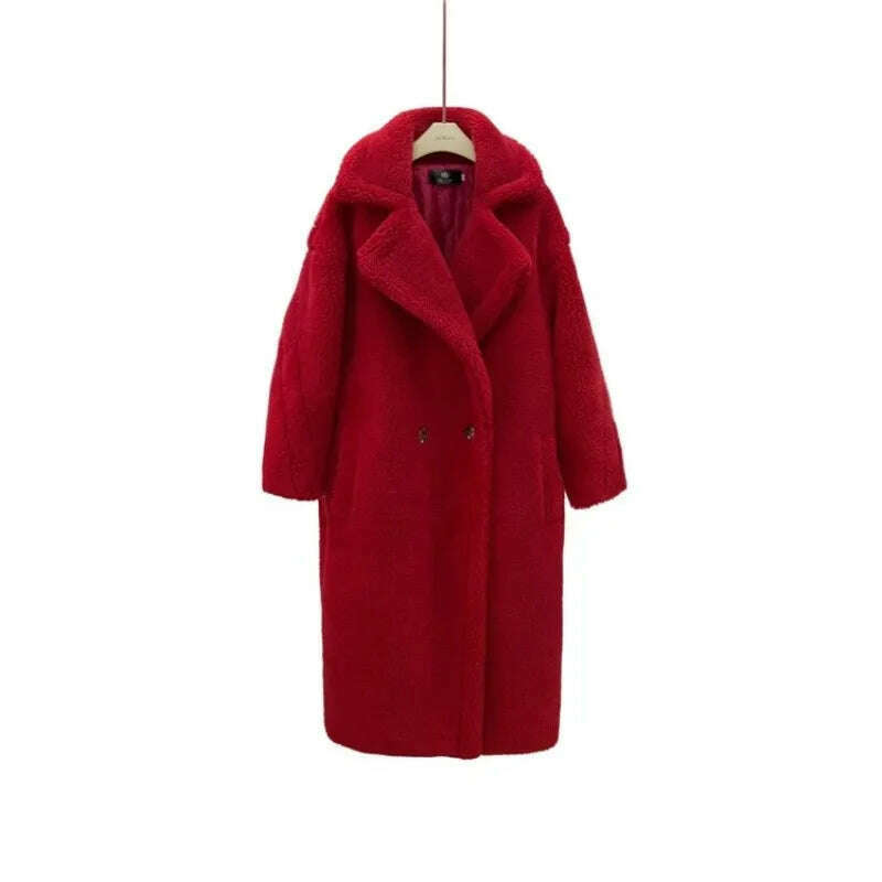 KIMLUD, Grain Sheep Camel Fur Coat Women'S Autumn Thickened Lamb Fleece Lapel Double Breasted Mid Length Coat, Red / S / CHINA, KIMLUD Womens Clothes