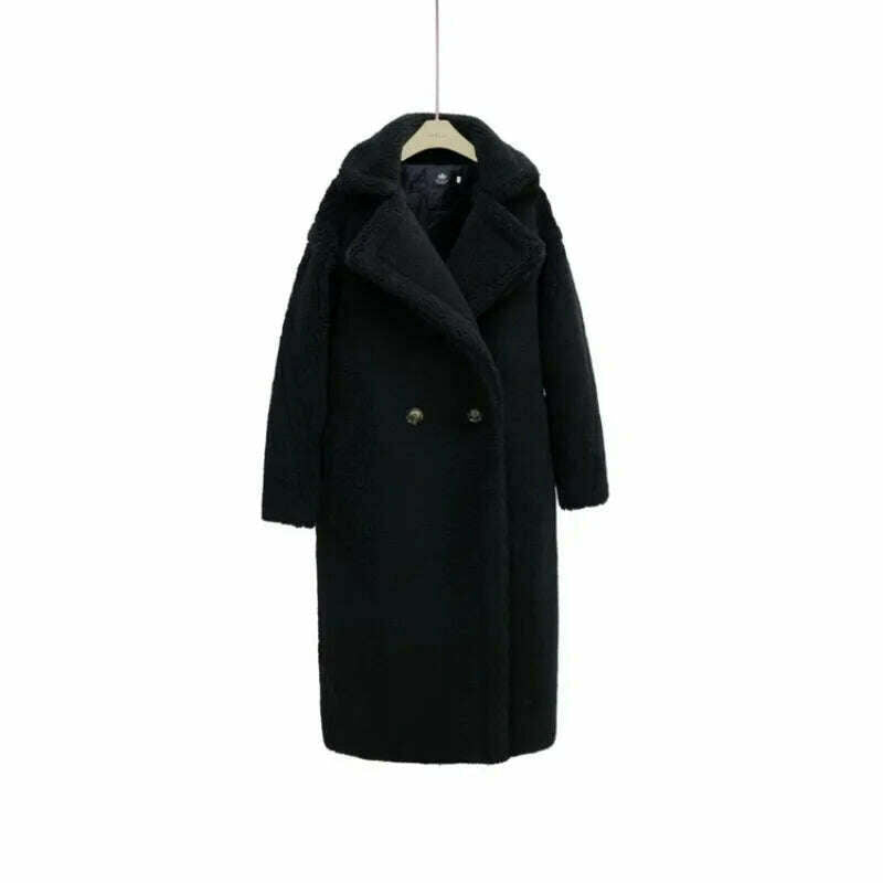 KIMLUD, Grain Sheep Camel Fur Coat Women'S Autumn Thickened Lamb Fleece Lapel Double Breasted Mid Length Coat, black / S / CHINA, KIMLUD APPAREL - Womens Clothes