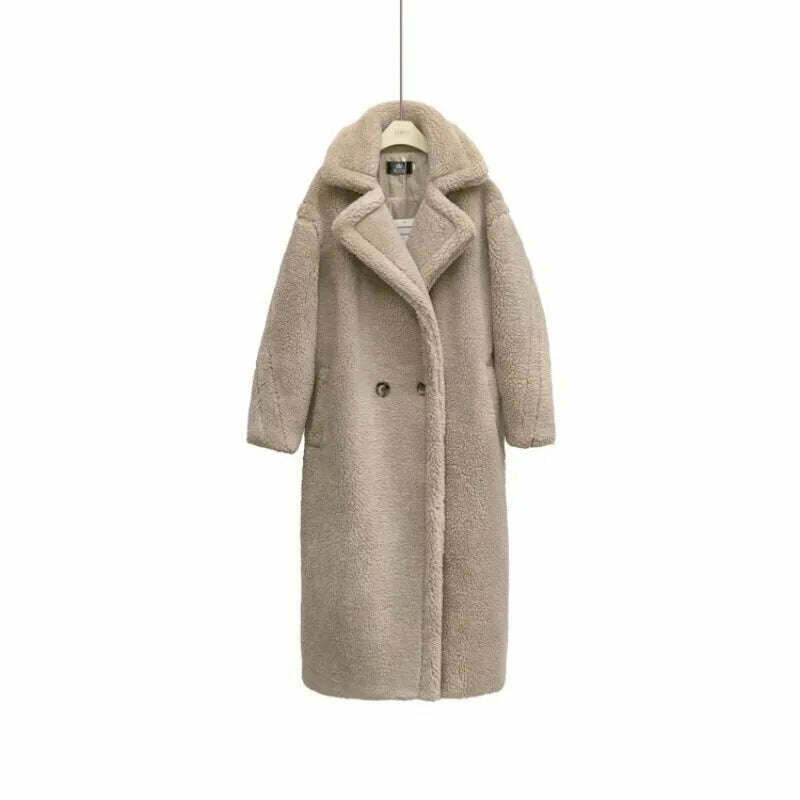 KIMLUD, Grain Sheep Camel Fur Coat Women'S Autumn Thickened Lamb Fleece Lapel Double Breasted Mid Length Coat, Khaki / S / CHINA, KIMLUD Womens Clothes