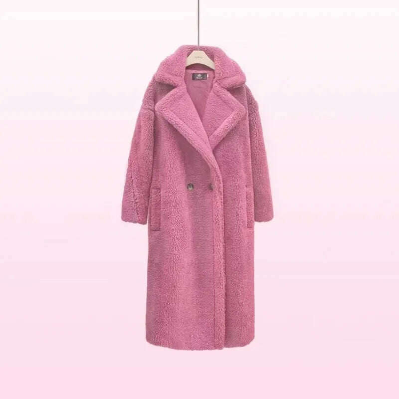KIMLUD, Grain Sheep Camel Fur Coat Women'S Autumn Thickened Lamb Fleece Lapel Double Breasted Mid Length Coat, Pink / S / CHINA, KIMLUD Womens Clothes
