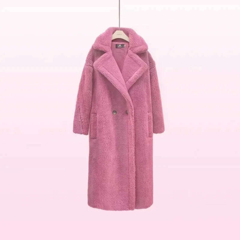 KIMLUD, Grain Sheep Camel Fur Coat Women'S Autumn Thickened Lamb Fleece Lapel Double Breasted Mid Length Coat, Pink / S / CHINA, KIMLUD APPAREL - Womens Clothes