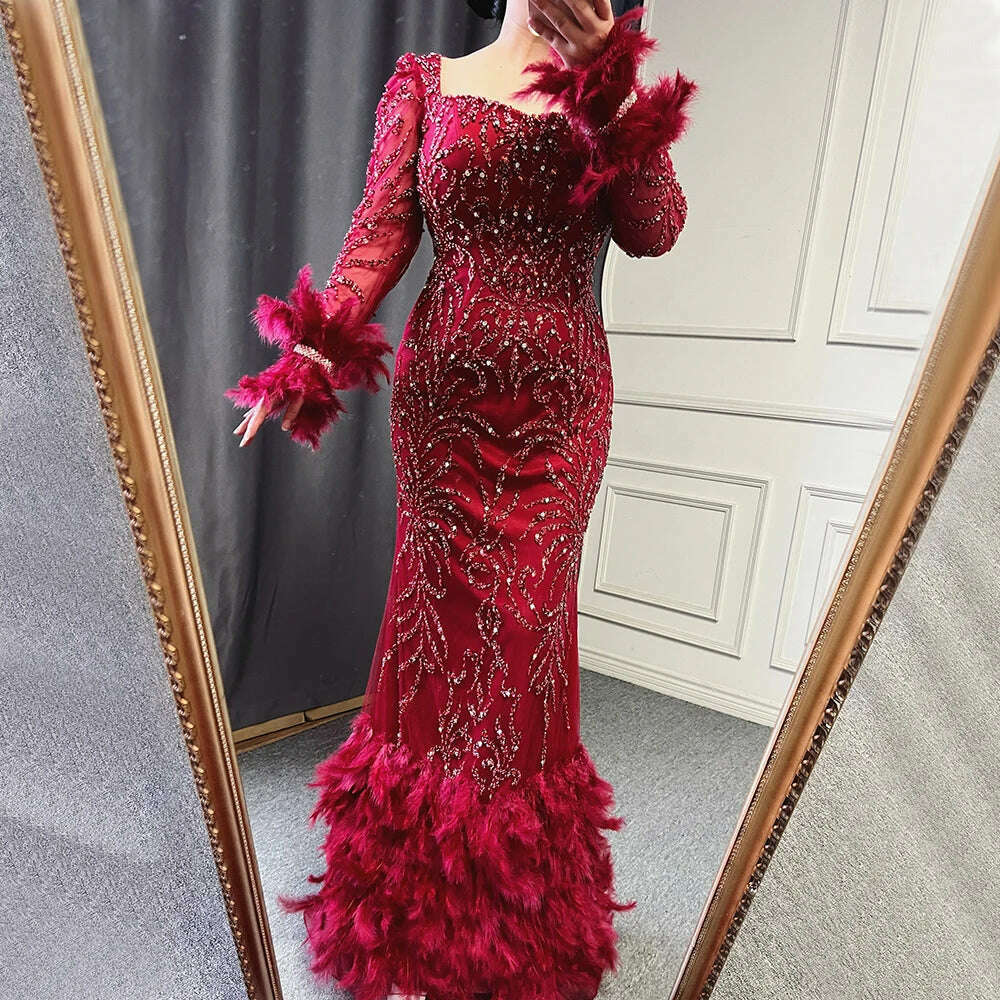KIMLUD, Green Elegant Mermaid Evening Dresses Gowns 2023 Beaded Feather Luxury For Women Party BLA71576 Serene Hill, KIMLUD Womens Clothes