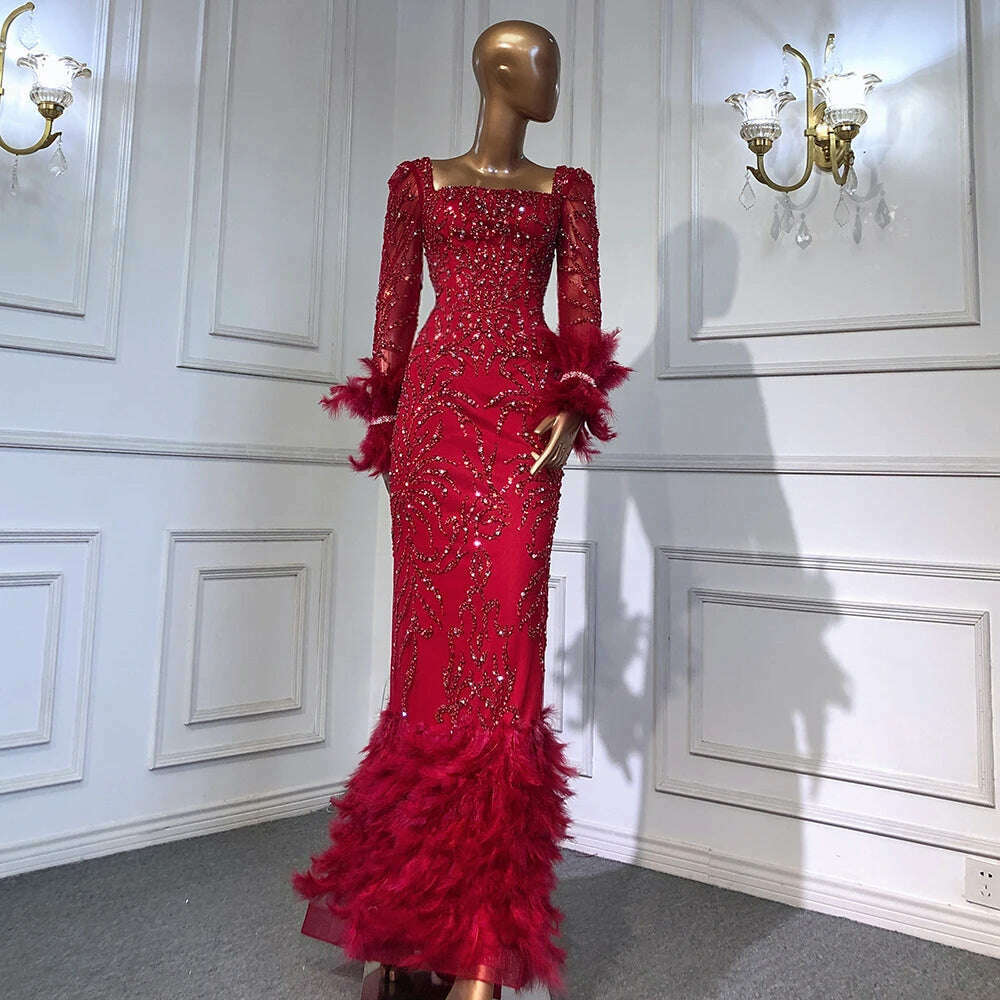 KIMLUD, Green Elegant Mermaid Evening Dresses Gowns 2023 Beaded Feather Luxury For Women Party BLA71576 Serene Hill, wine red / 2, KIMLUD APPAREL - Womens Clothes