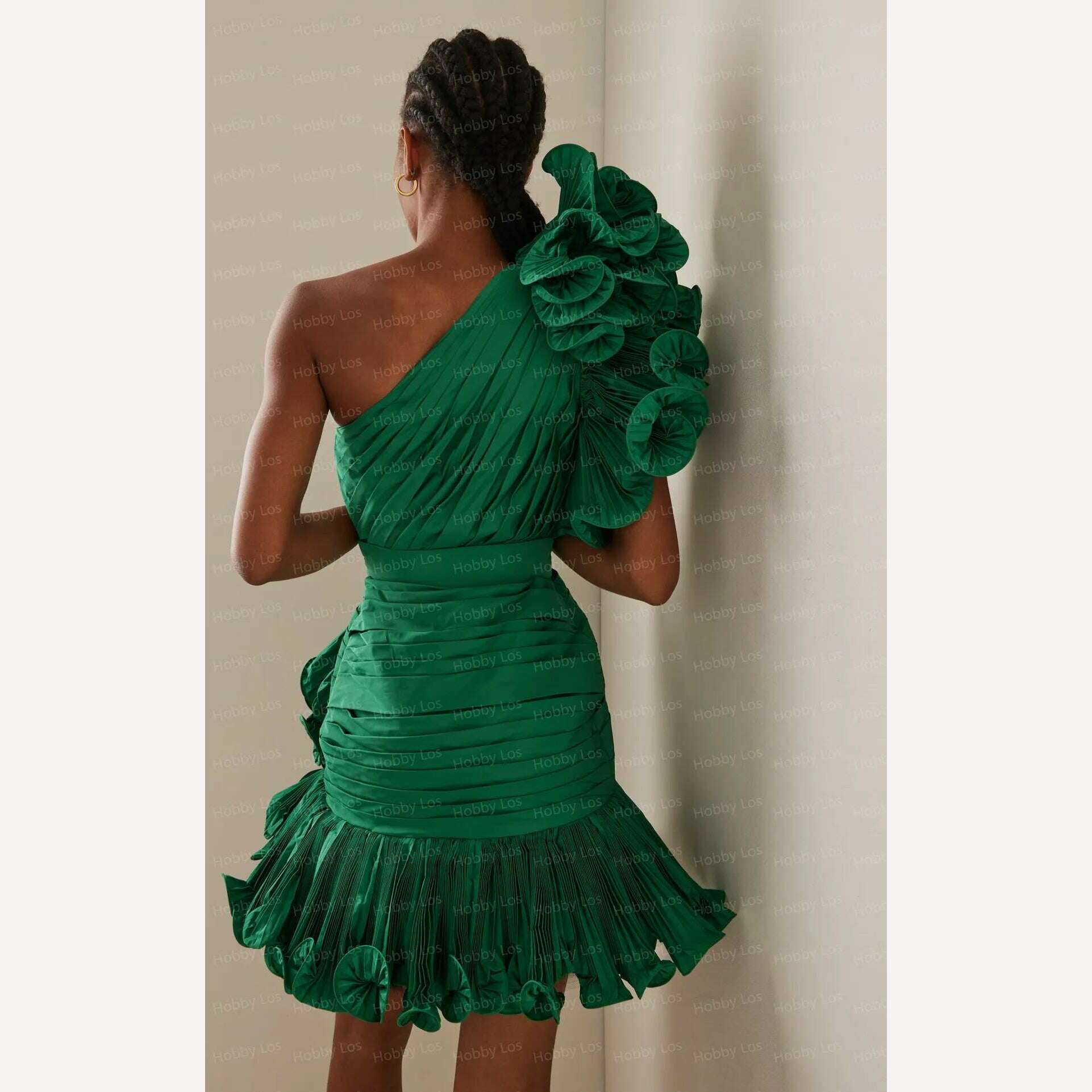 Green Fashion Short Women Dress One Shoulder Ruffles Pleated A-Line Girl Elegant Evening Party Dresses Custom Made Free Shipping - KIMLUD