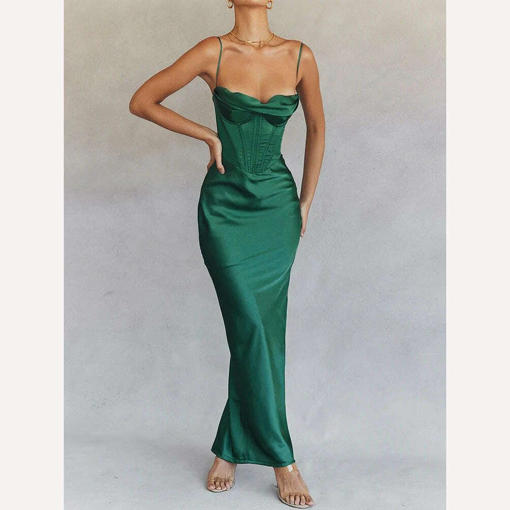 KIMLUD, Green Maxi Bodycon Dress Sexy Celebrity Event Prom Night Party Dresses Satin V Neck Spaghetti Strap Women Dresses 2022 Summer, KIMLUD Womens Clothes