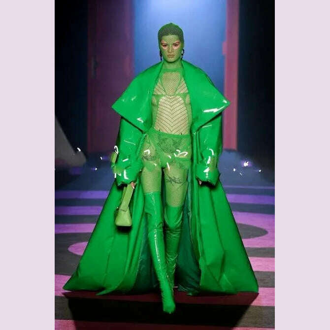 KIMLUD, Green patent leather long coat sexy transparent mesh model catwalk dsgogo stage, KIMLUD Womens Clothes